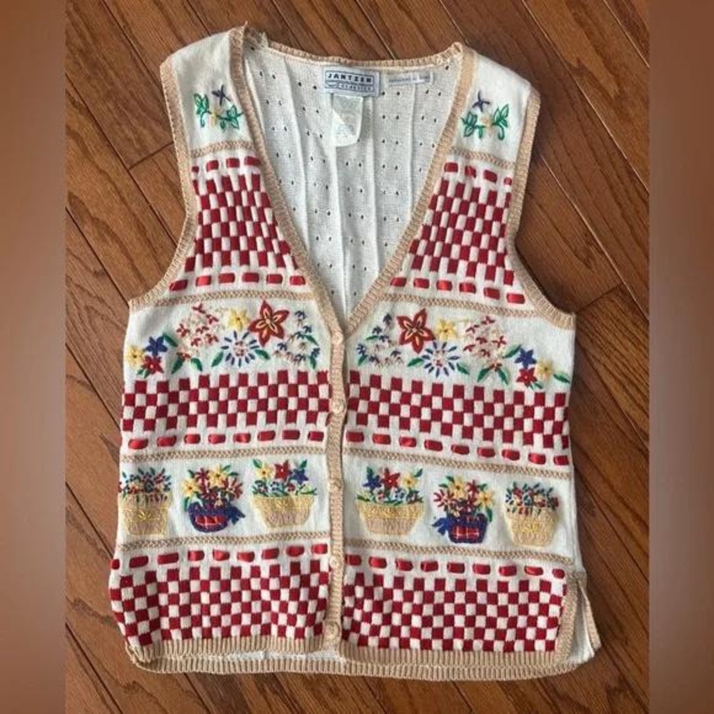 Carole Little Red and Cream Embroidered Sweater Vest